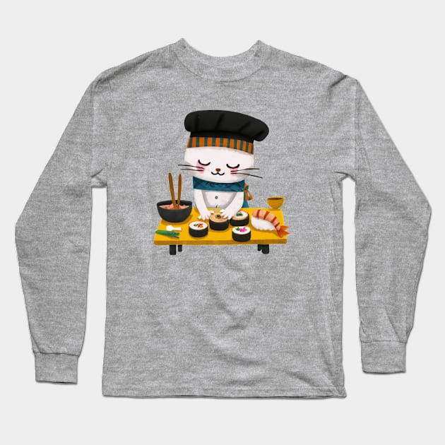 Kawaii Sushi Cat Chef Long Sleeve T-Shirt by Souls.Print